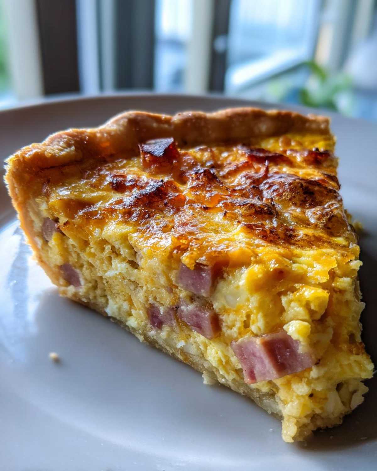 Close-up of a thick slice of Ham and Cheese Quiche showing chunks of ham in the eggy filling.