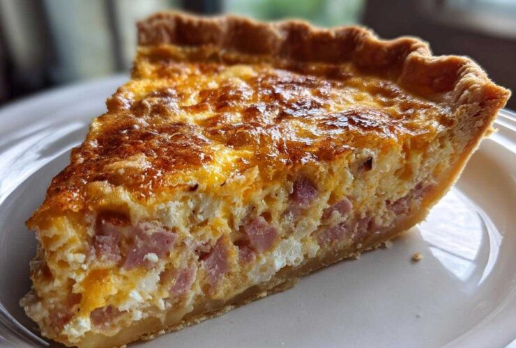 A close-up view of a perfectly baked slice of ham and cheese quiche showing the flaky crust and rich egg filling.