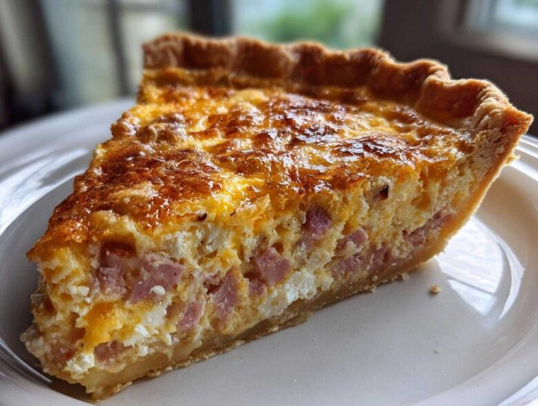 A close-up view of a perfectly baked slice of ham and cheese quiche showing the flaky crust and rich egg filling.
