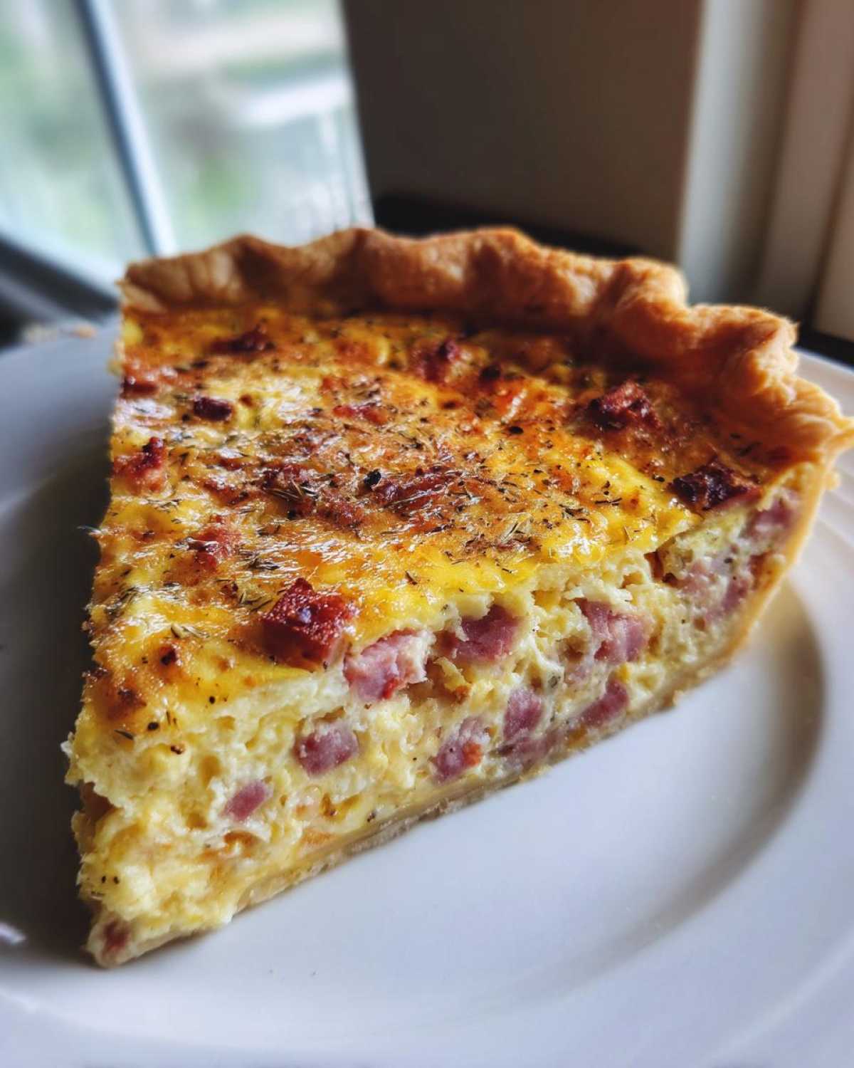 A close-up slice of Ham and Cheese Quiche showing the flaky crust and rich egg filling packed with ham pieces.