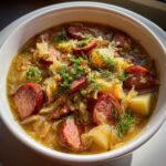 Close-up of a white bowl filled with rich sauerkraut soup, featuring sliced sausage, potatoes, and fresh dill garnish.