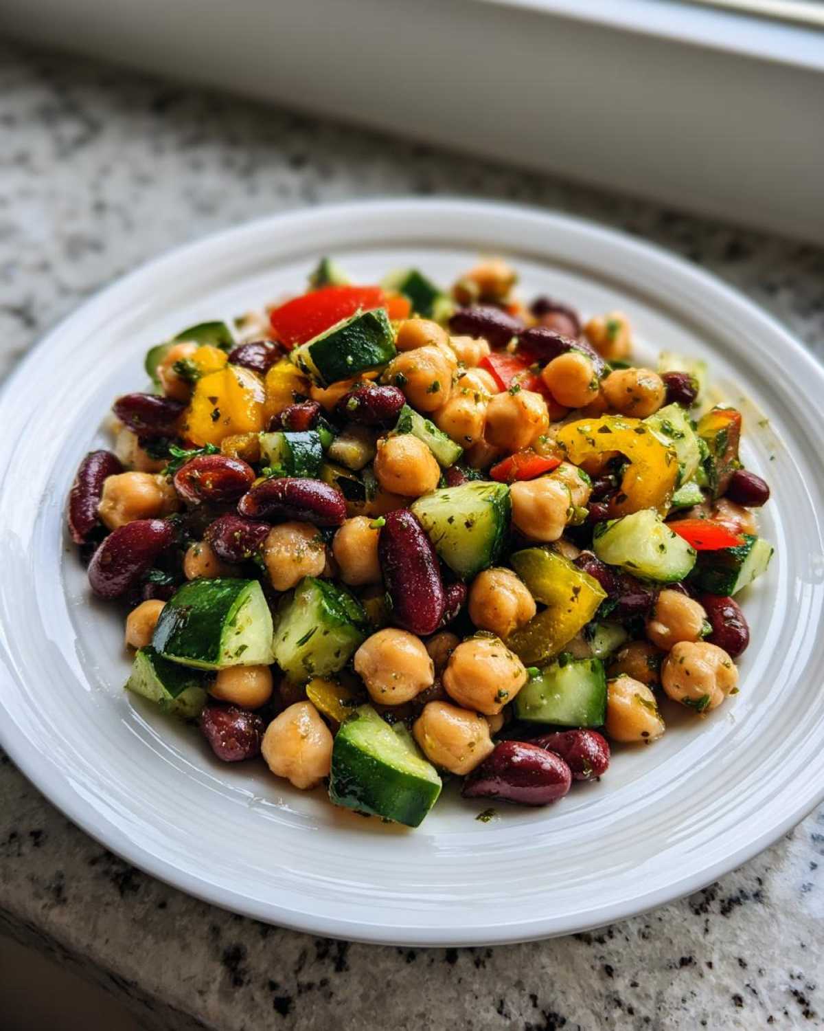 Close-up of a colorful, high protein bean salad featuring chickpeas, kidney beans, cucumber, and bell peppers.