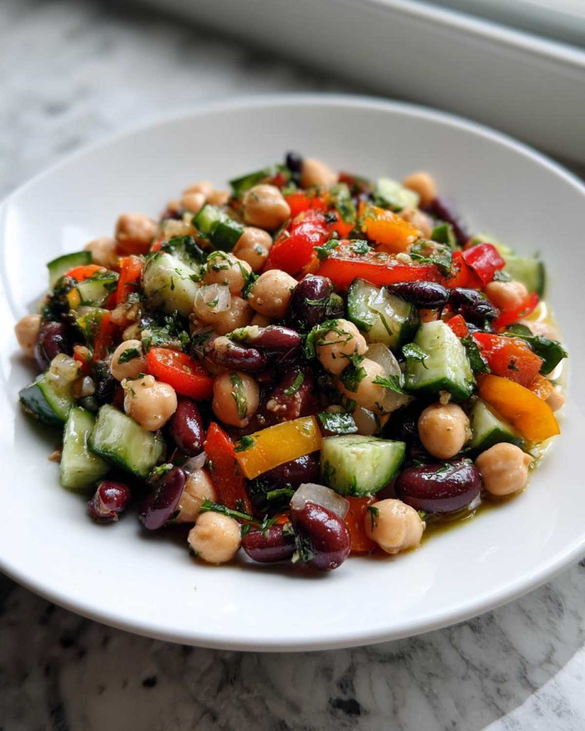 Close-up of a vibrant, colorful bean salad featuring chickpeas, kidney beans, cucumber, and peppers.