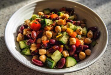 Close-up of a vibrant, high protein bean salad featuring chickpeas, kidney beans, cucumber, and tomatoes in a white bowl.