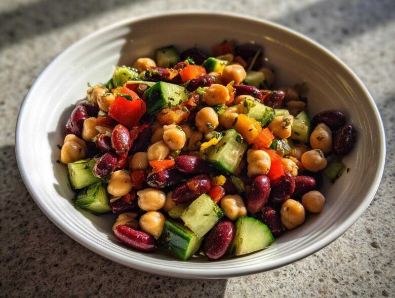 Close-up of a vibrant, high protein bean salad featuring chickpeas, kidney beans, cucumber, and tomatoes in a white bowl.
