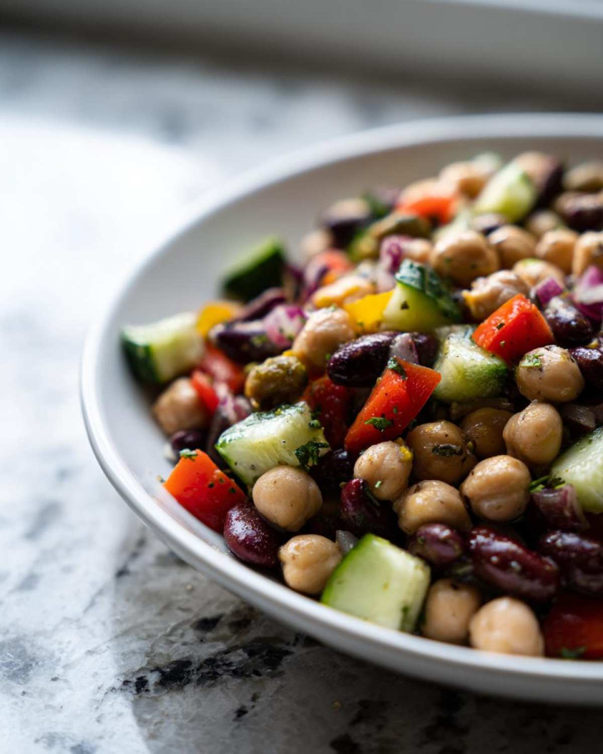 A close-up view of a vibrant, mixed bean salad featuring chickpeas, kidney beans, cucumber, and red onion.