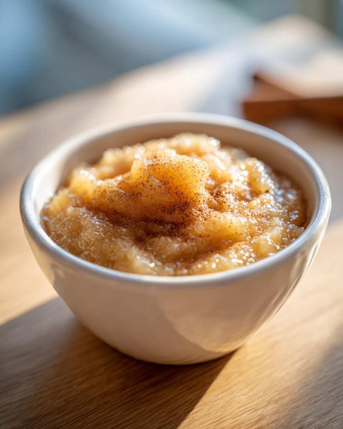 Close-up of chunky homemade applesauce sprinkled with cinnamon in a white bowl on a wooden surface.