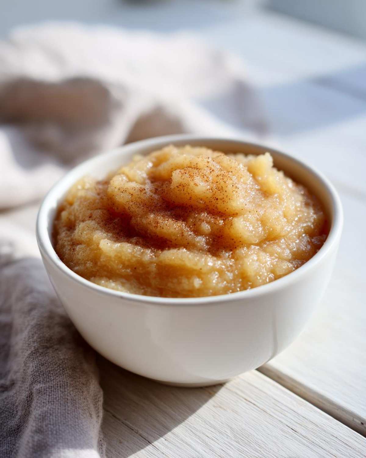 Close-up of homemade applesauce, lightly spiced with cinnamon, served in a white bowl.