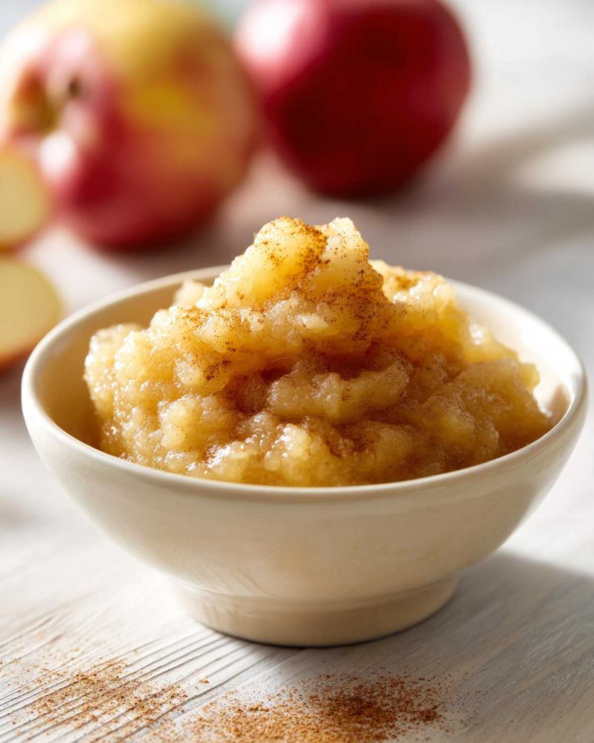 A close-up of homemade applesauce topped with cinnamon, served in a light bowl with fresh apples blurred in the background.