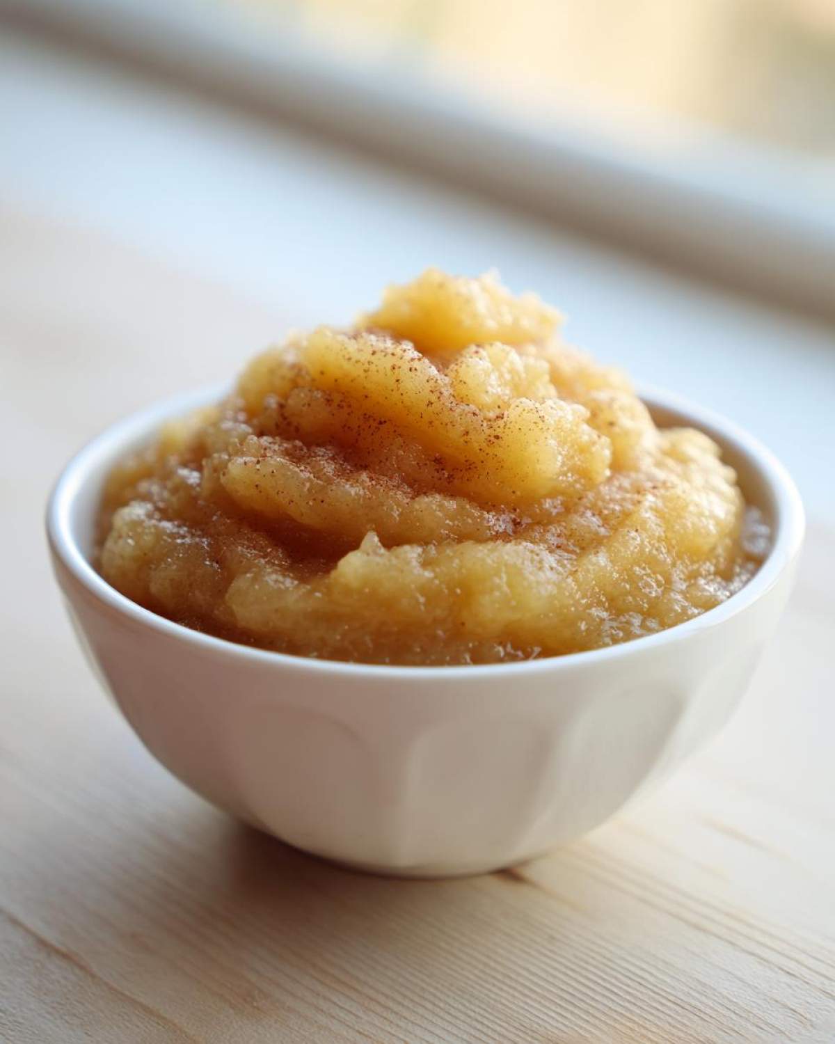 A white bowl filled with chunky homemade applesauce, topped with a dusting of cinnamon.