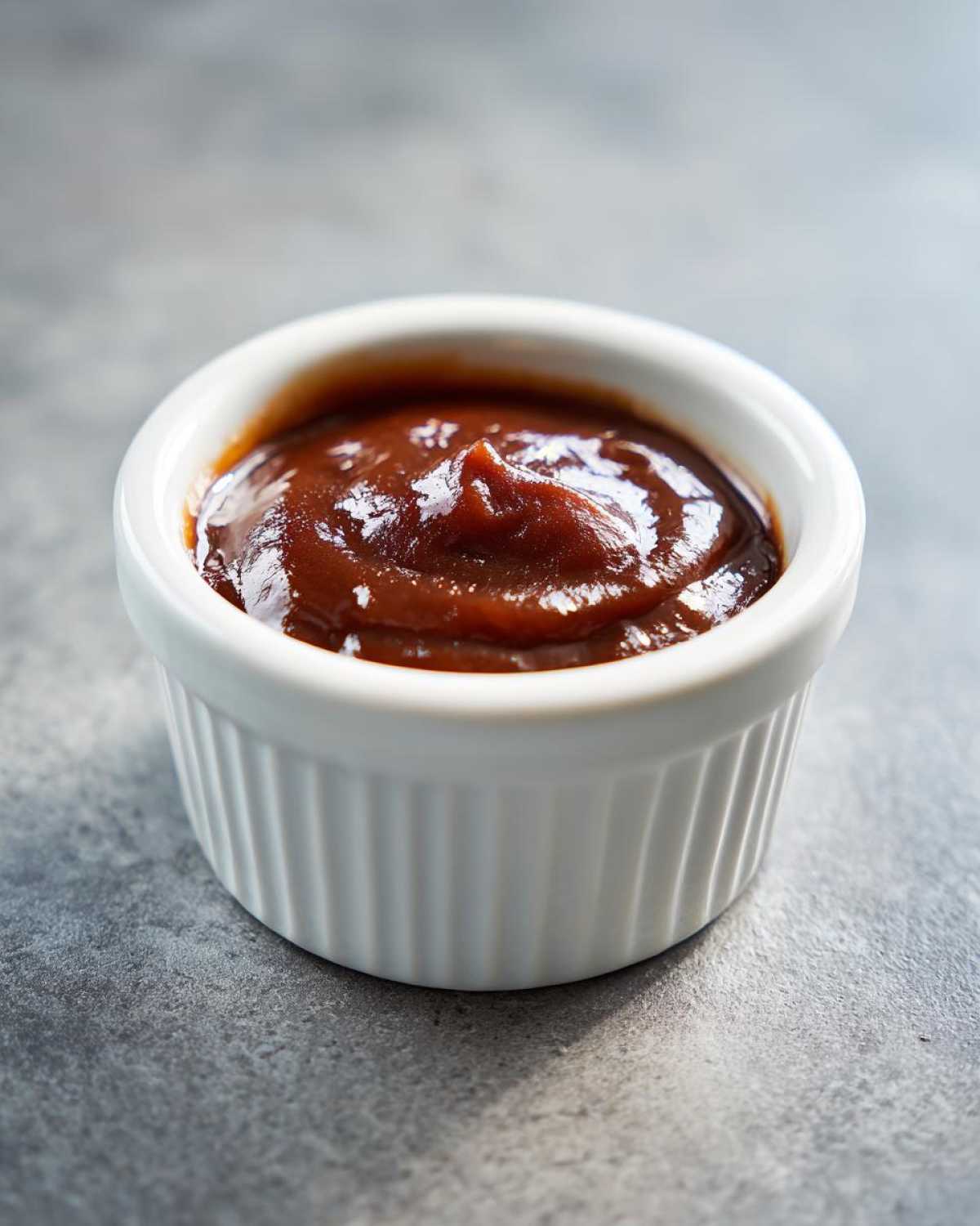 Close-up of thick, glossy, dark brown bbq sauce served in a small white fluted ramekin.