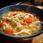 Close-up of a blue bowl filled with rich chicken noodle soup, featuring shredded chicken, carrots, celery, and noodles.