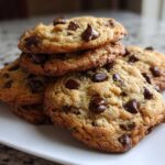 A tempting stack of freshly baked homemade chocolate chip cookies piled on a white square plate.