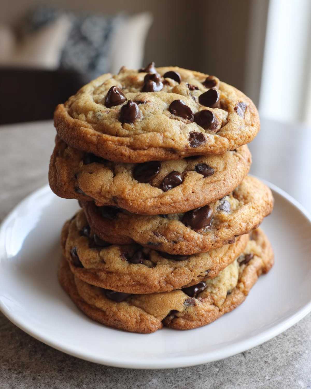 A stack of four thick, golden homemade chocolate chip cookies piled high on a white plate.