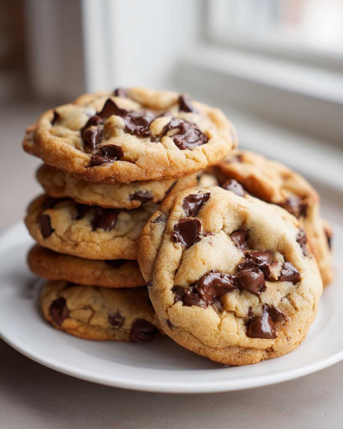 A stack of freshly baked homemade chocolate chip cookies piled high on a white plate.