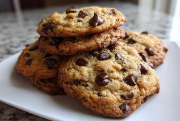 A tempting stack of freshly baked homemade chocolate chip cookies piled on a white square plate.