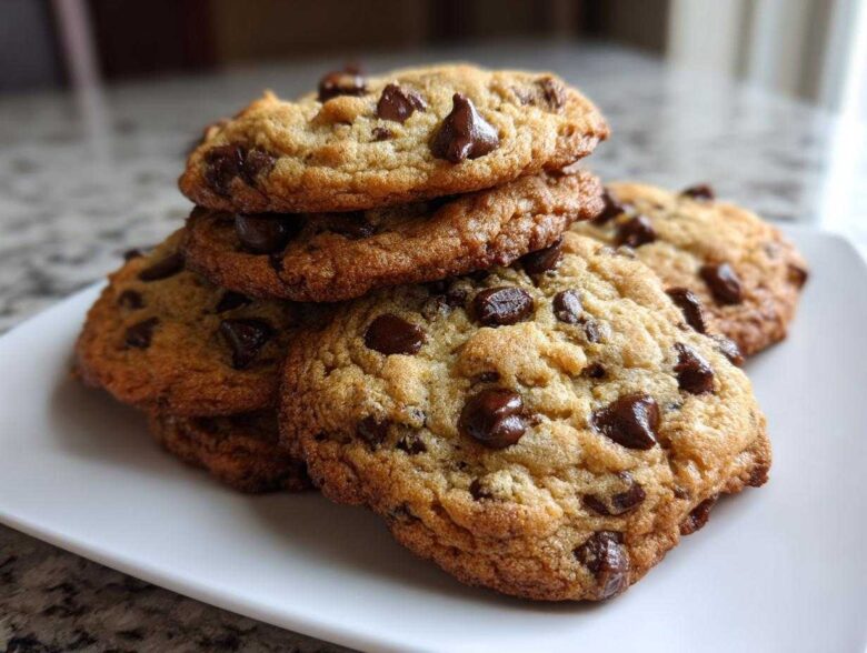 A tempting stack of freshly baked homemade chocolate chip cookies piled on a white square plate.