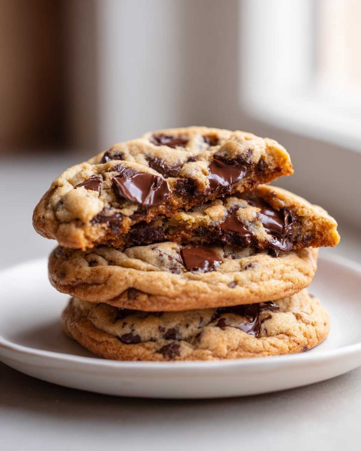 A stack of three soft homemade chocolate chip cookies, with the top one broken open to show melted chocolate.