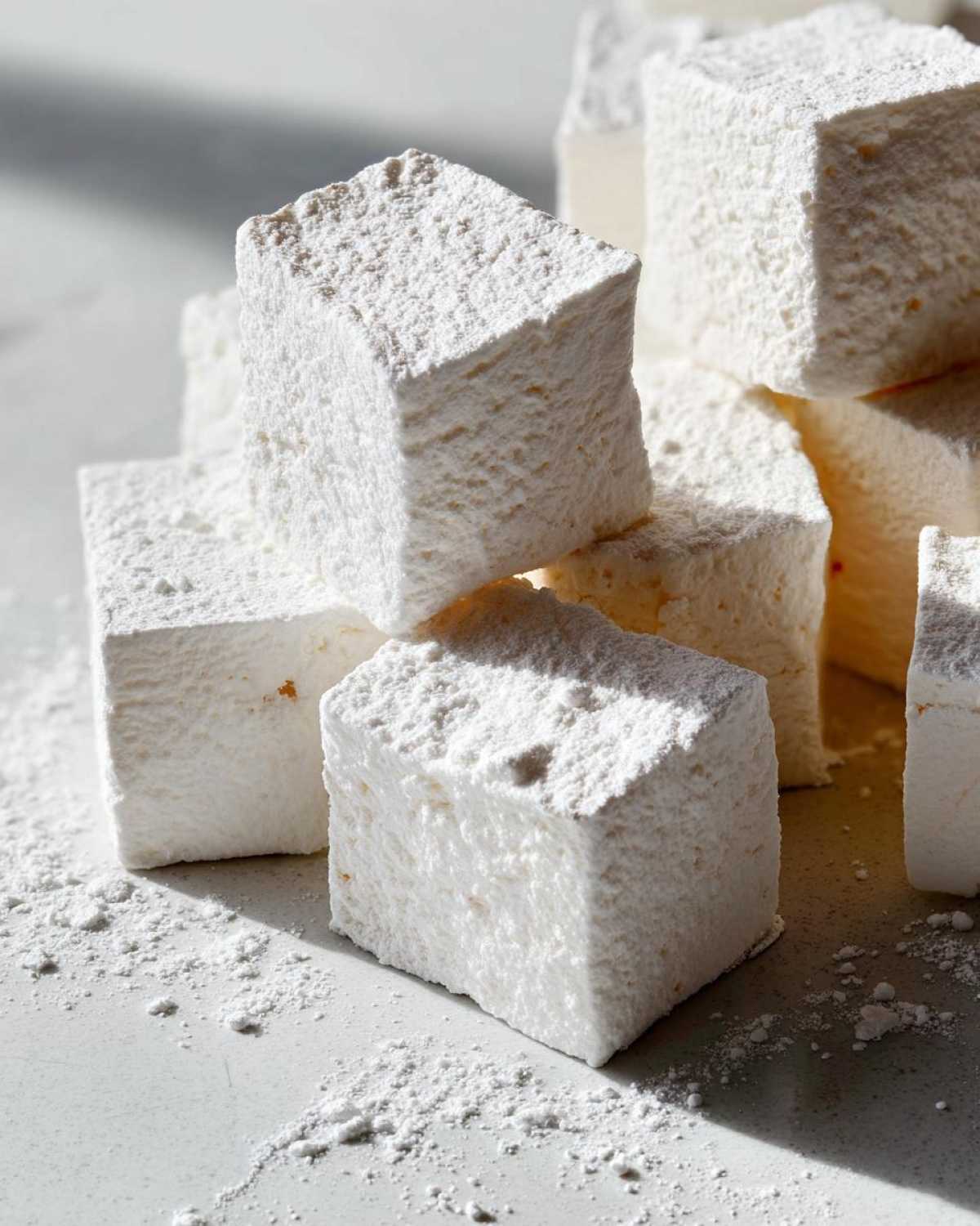 Close-up of several large, square homemade marshmallows heavily dusted with powdered sugar.