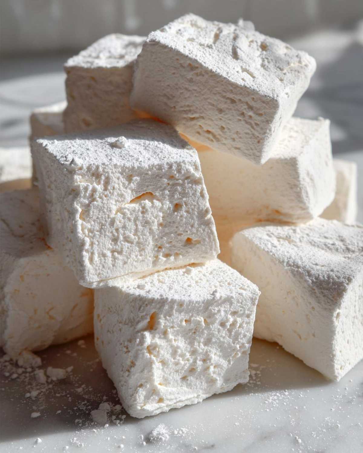 A close-up stack of large, fluffy homemade marshmallows dusted heavily with powdered sugar.