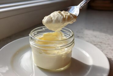 A spoonful of thick, creamy homemade mayonnaise being lifted from a small glass jar.