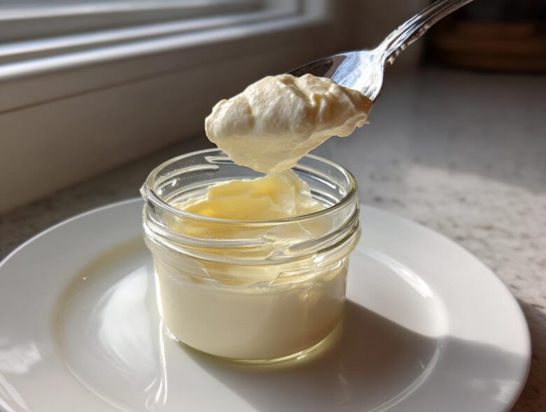 A spoonful of thick, creamy homemade mayonnaise being lifted from a small glass jar.