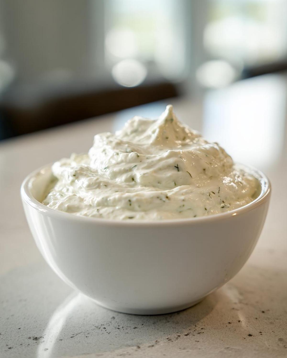 A close-up of creamy, freshly made tartar sauce recipe piled high in a small white bowl.