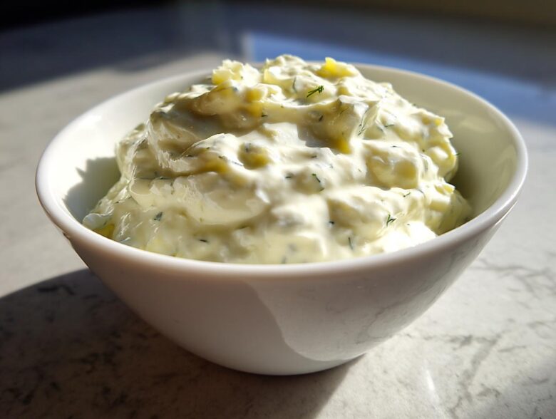 Close-up of creamy, chunky homemade tartar sauce recipe served in a small white bowl.