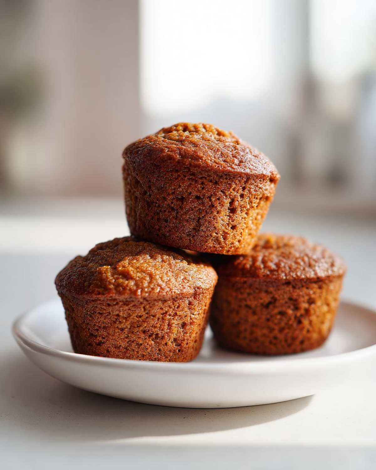 Three freshly baked, golden brown honey bran muffins stacked on a white plate with soft backlighting.