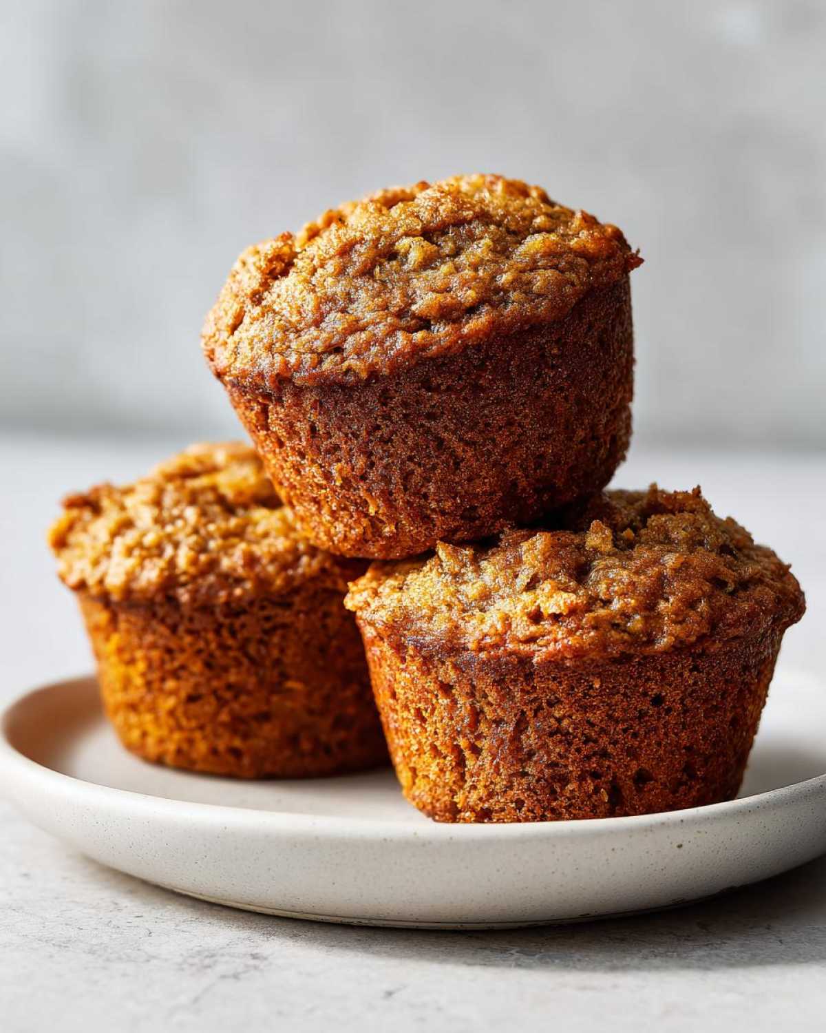 A close-up of three perfectly baked honey bran muffins stacked on a light ceramic plate.