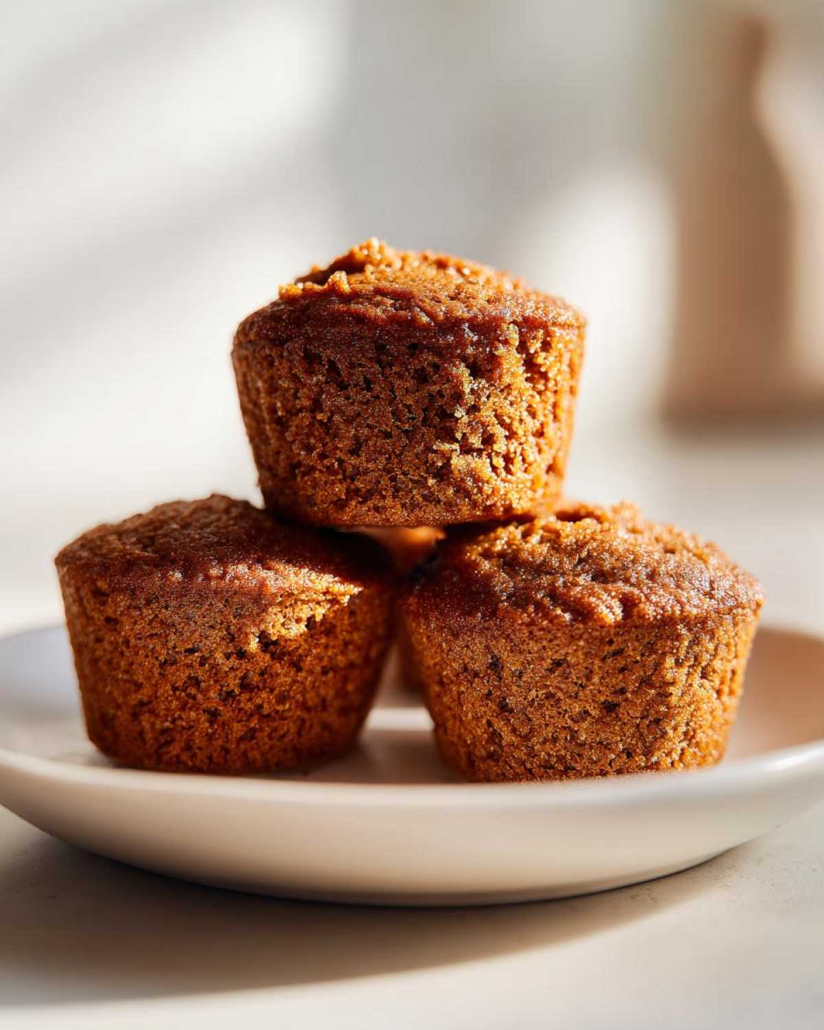 Close-up of three golden brown honey bran muffins stacked on a small white plate, beautifully lit by natural light.
