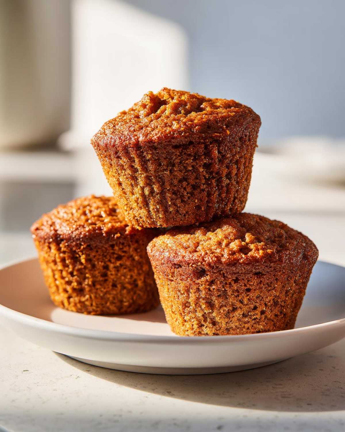 Close-up of three perfectly baked honey bran muffins stacked on a light-colored plate in bright sunlight.