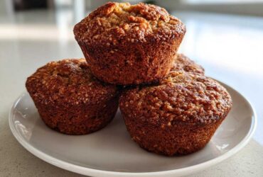Three freshly baked, golden brown honey bran muffins stacked on a small white plate.