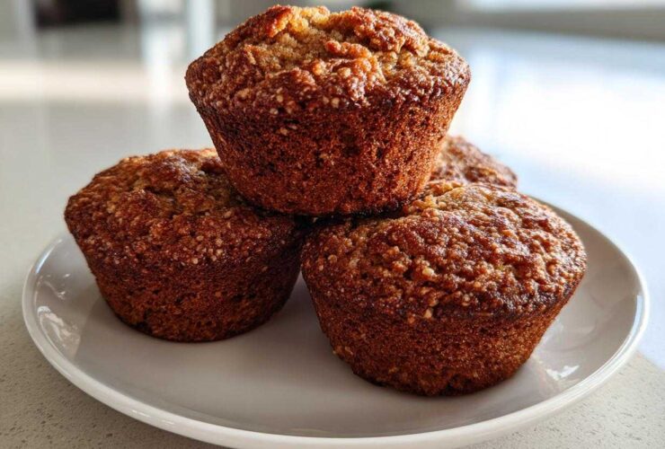 Three freshly baked, golden brown honey bran muffins stacked on a small white plate.