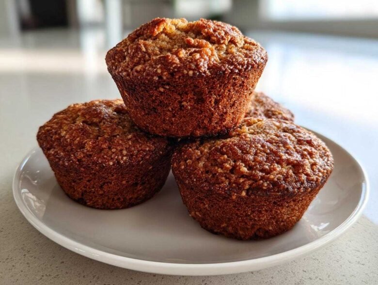 Three freshly baked, golden brown honey bran muffins stacked on a small white plate.