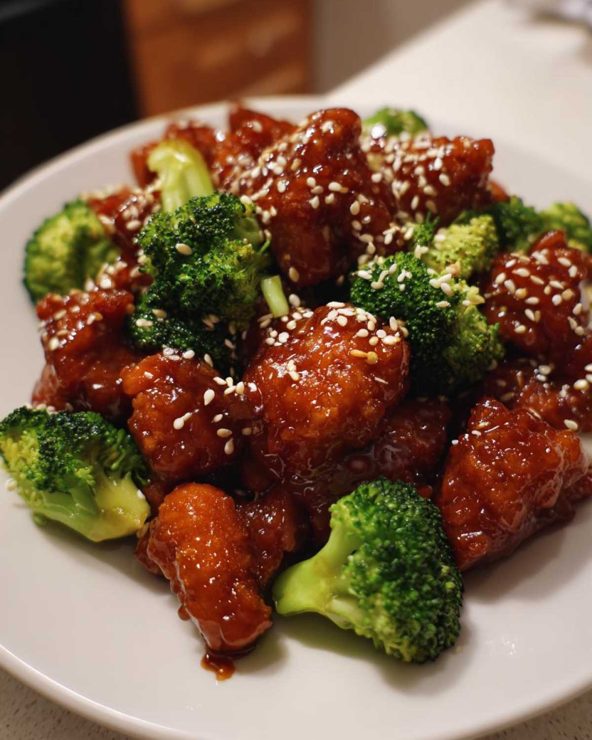 Close-up of glossy honey garlic chicken and broccoli florets topped with white sesame seeds.