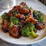 Close-up of glazed chicken and broccoli tossed in honey garlic sauce, topped with sesame seeds.
