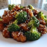 Close-up of Honey Garlic chicken and broccoli pieces coated in glaze and sprinkled with sesame seeds on a white plate.