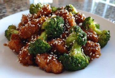 Close-up of Honey Garlic chicken and broccoli pieces coated in glaze and sprinkled with sesame seeds on a white plate.