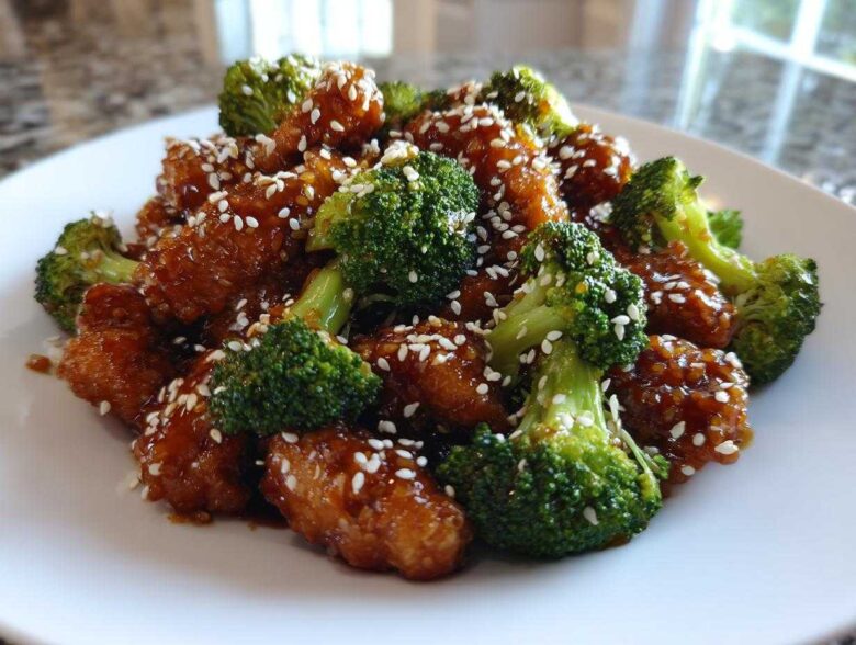 Close-up of Honey Garlic chicken and broccoli pieces coated in glaze and sprinkled with sesame seeds on a white plate.