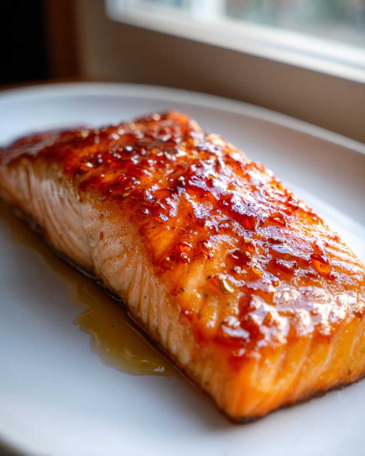 Close-up of a perfectly cooked, glossy honey garlic salmon fillet resting on a white plate.