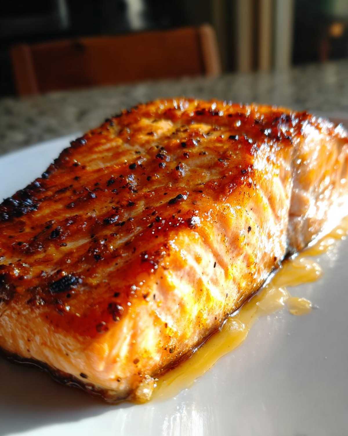 Close-up of a perfectly cooked, glazed honey garlic salmon fillet resting on a white plate with sauce.