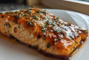 Close-up of a perfectly cooked salmon fillet glazed with honey garlic sauce and sprinkled with herbs.
