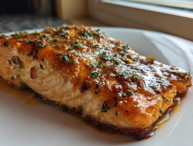 Close-up of a perfectly cooked salmon fillet glazed with honey garlic sauce and sprinkled with herbs.