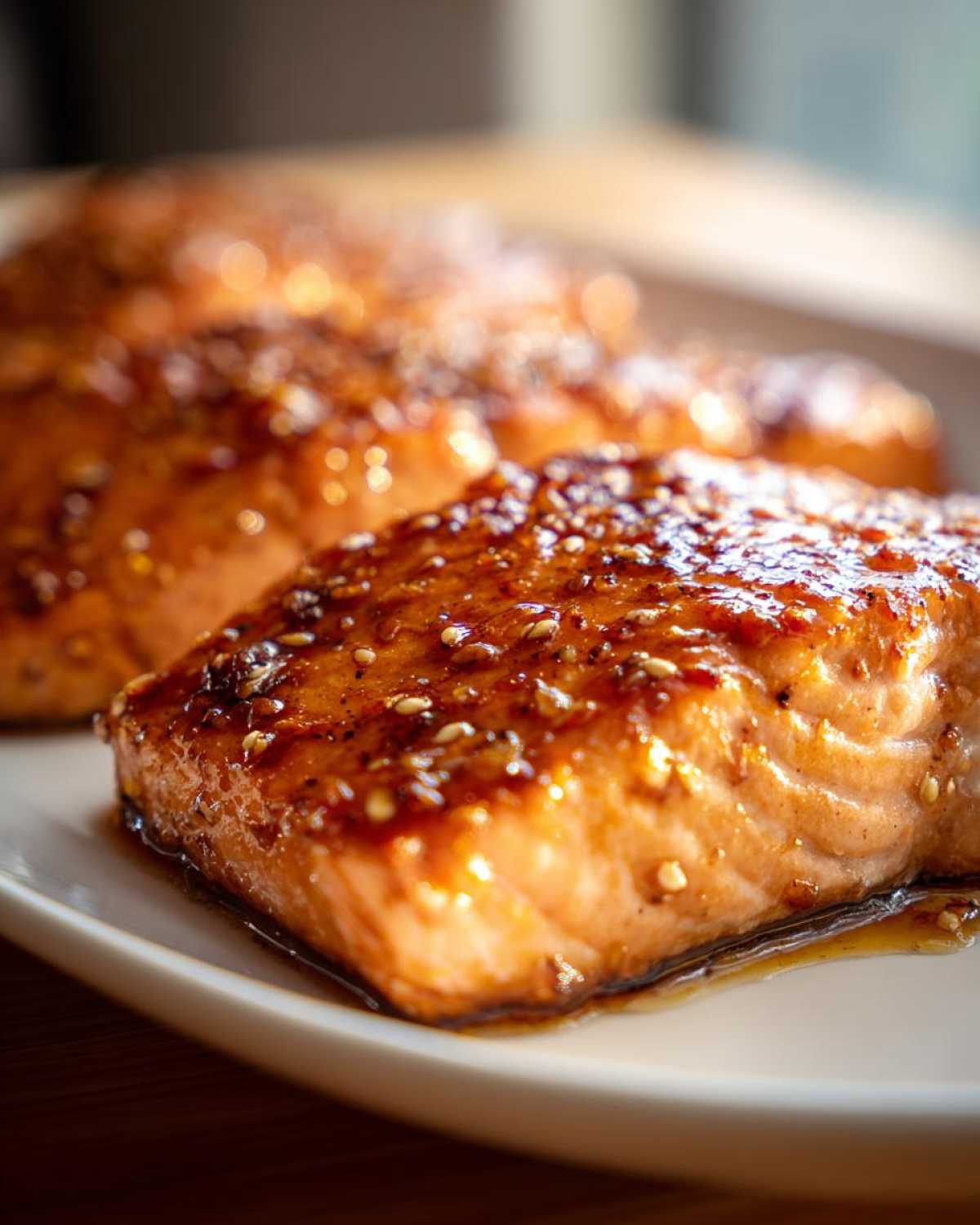 Close-up of a perfectly cooked salmon fillet coated in a shiny honey garlic glaze with sesame seeds.