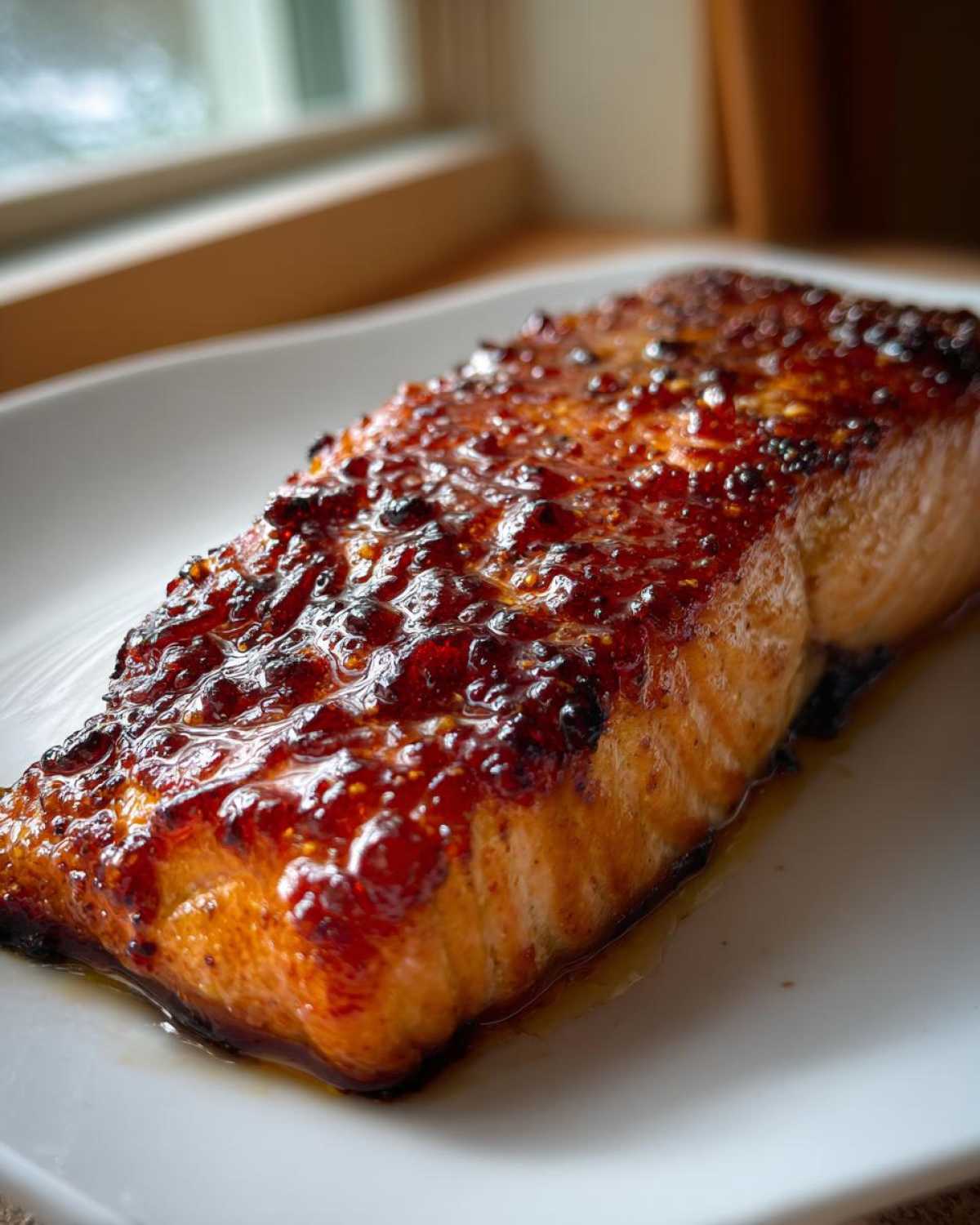 Close-up of a perfectly cooked salmon fillet with a thick, caramelized honey garlic glaze.