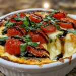 Close-up of hot, baked 3-cheese bruschetta dip topped with roasted cherry tomatoes, basil, and balsamic glaze.