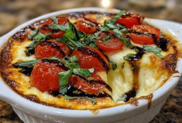 Close-up of hot, baked 3-cheese bruschetta dip topped with roasted cherry tomatoes, basil, and balsamic glaze.