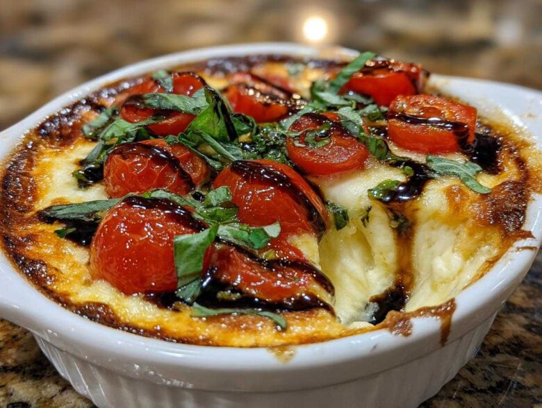 Close-up of hot, baked 3-cheese bruschetta dip topped with roasted cherry tomatoes, basil, and balsamic glaze.