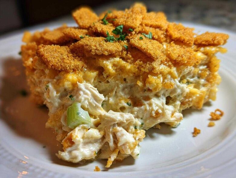 A close-up of a creamy, cheesy serving of hot chicken salad casserole topped with golden brown crackers.